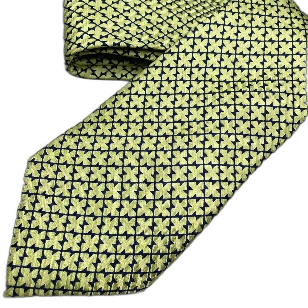 Dunhill Silk Tie Vintage Wide Geometric Foulard Jacquard Italy Mens Navy Green